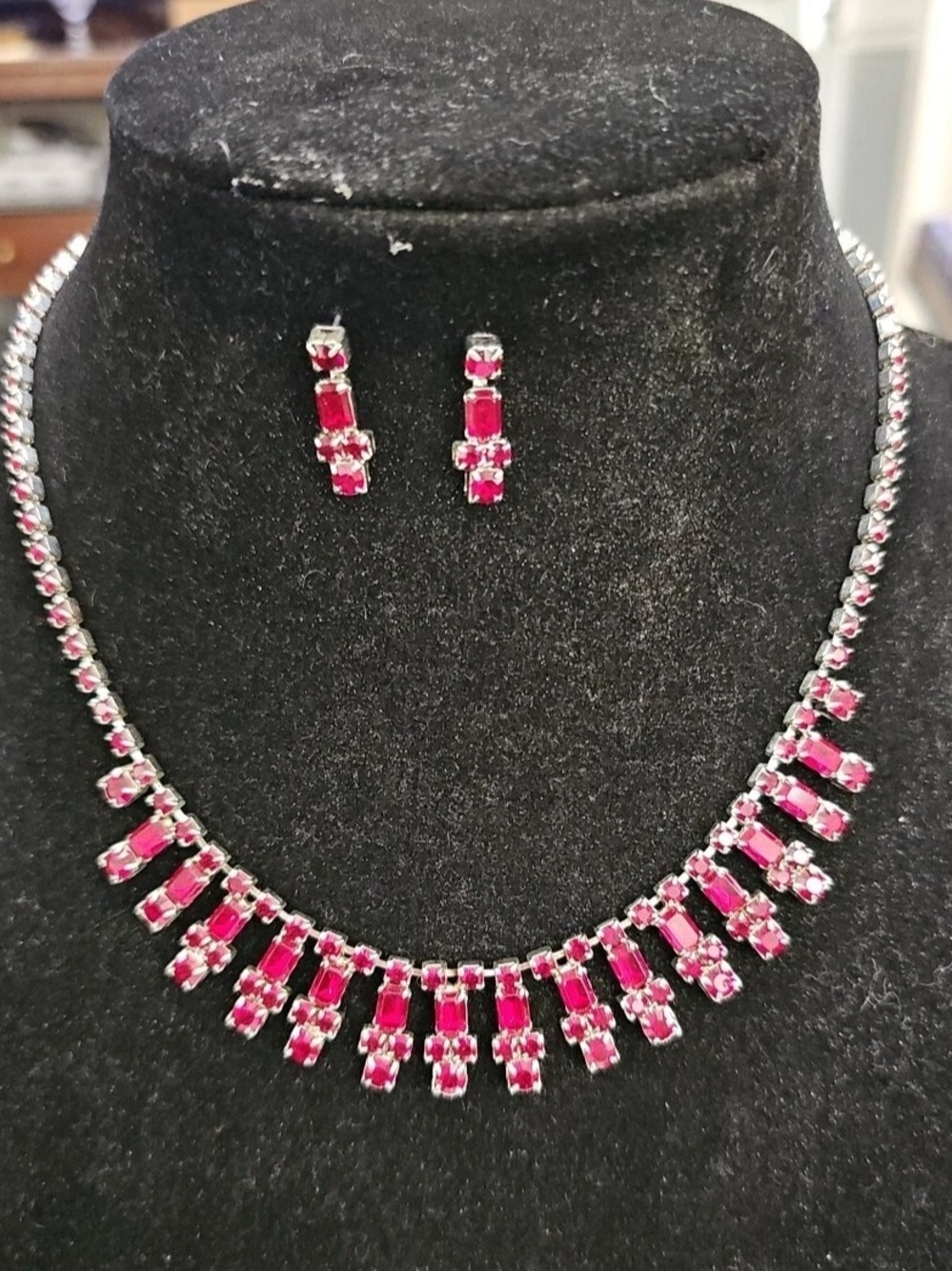 Ruby Red Rhinestone Fringe Statement Necklace & Drop Earring Set